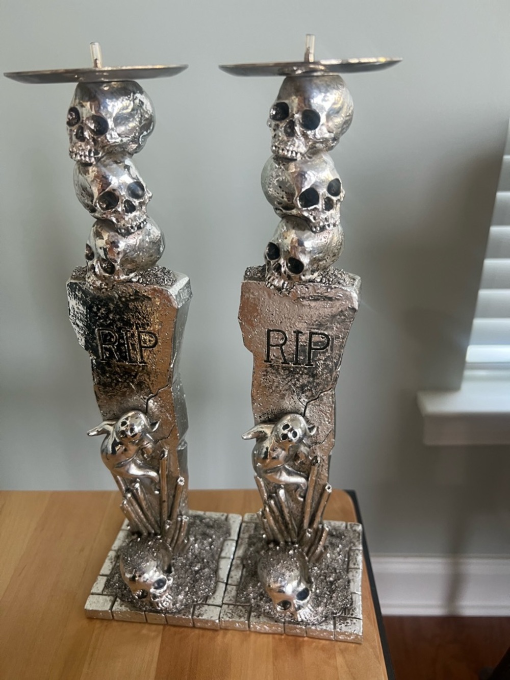 Skull Tombstone Candle Holders - Silver Halloween Pair